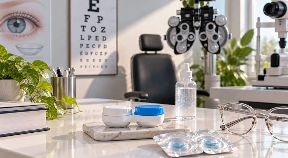 Kontakt lens almadan önce göz doktoru muayenesinin önemini gösteren görsel