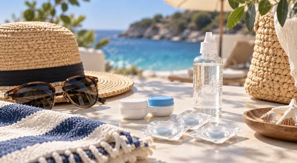 Yaz aylarında kontakt lens kullanan kişi güneş gözlüğü takıyor