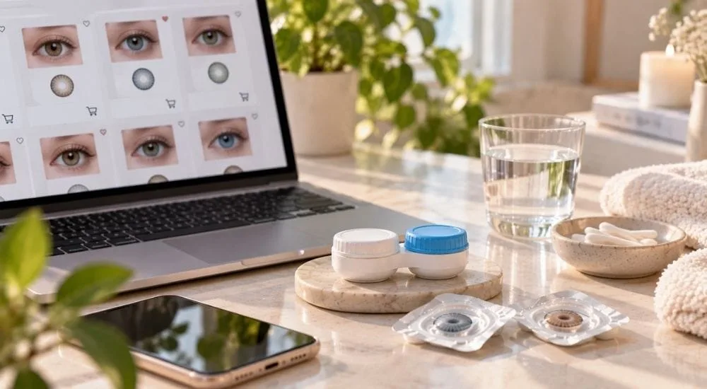 İnternetten güvenli kontakt lens satın alma sürecini gösteren görsel